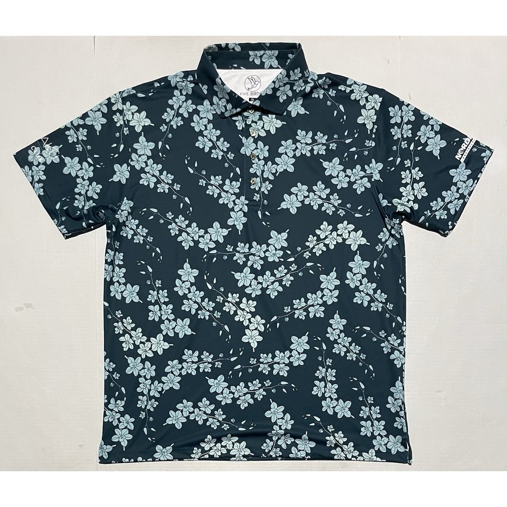 Five Birdies Hawaiian Golf Shirt XL Dark Teal Orchids Floral AOP Print Hilton